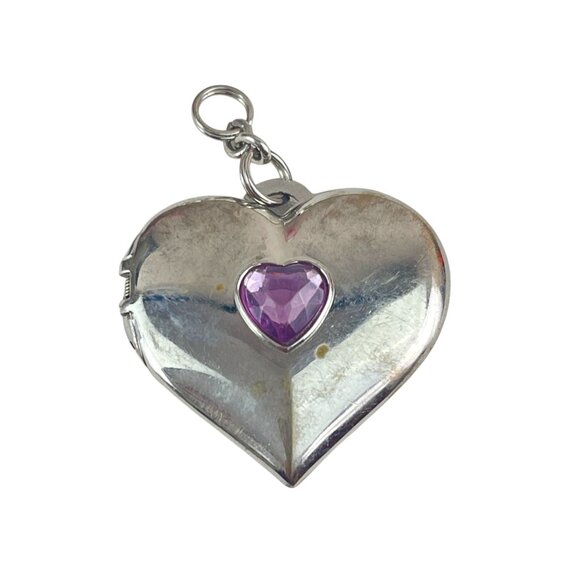Heart-Shaped Silver Locket Pendant With Purple Gemstone Accent - Picture 1 of 6
